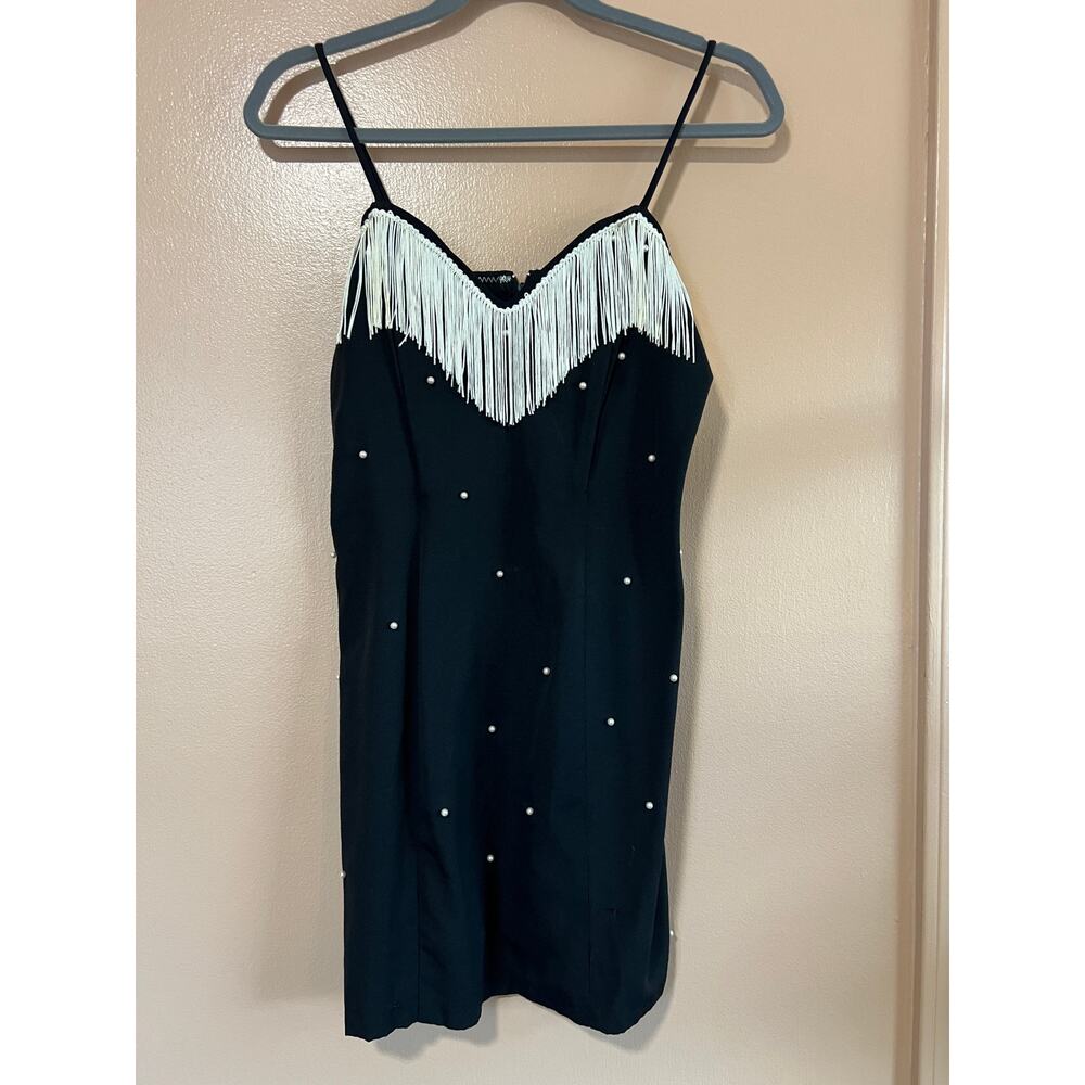 Spoiled Girls Vintage 90s Black Fringe Pearl Bodycon Mini Dress USA Made sz 7